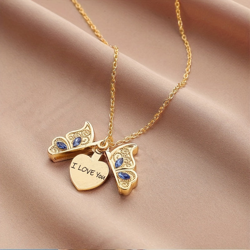 1pc Fashion Classic Openable Butterfly Pendant Necklace, Lettering I Love You Romantic Proposal Valentine's Day Gift Jewelry