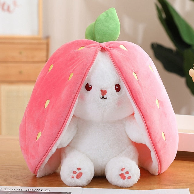 35cm Creative Funny Doll Carrot Rabbit Plush Toy Stuffed Soft Bunny Hiding in Strawberry Bag Toys for Kids Girls