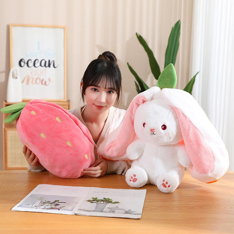 35cm Creative Funny Doll Carrot Rabbit Plush Toy Stuffed Soft Bunny Hiding in Strawberry Bag Toys for Kids Girls